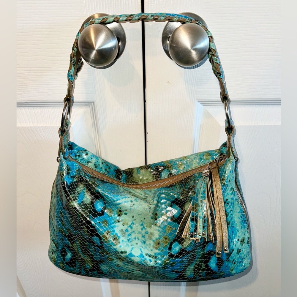 Chez Blue/Green Leather Snake Embossed Bag